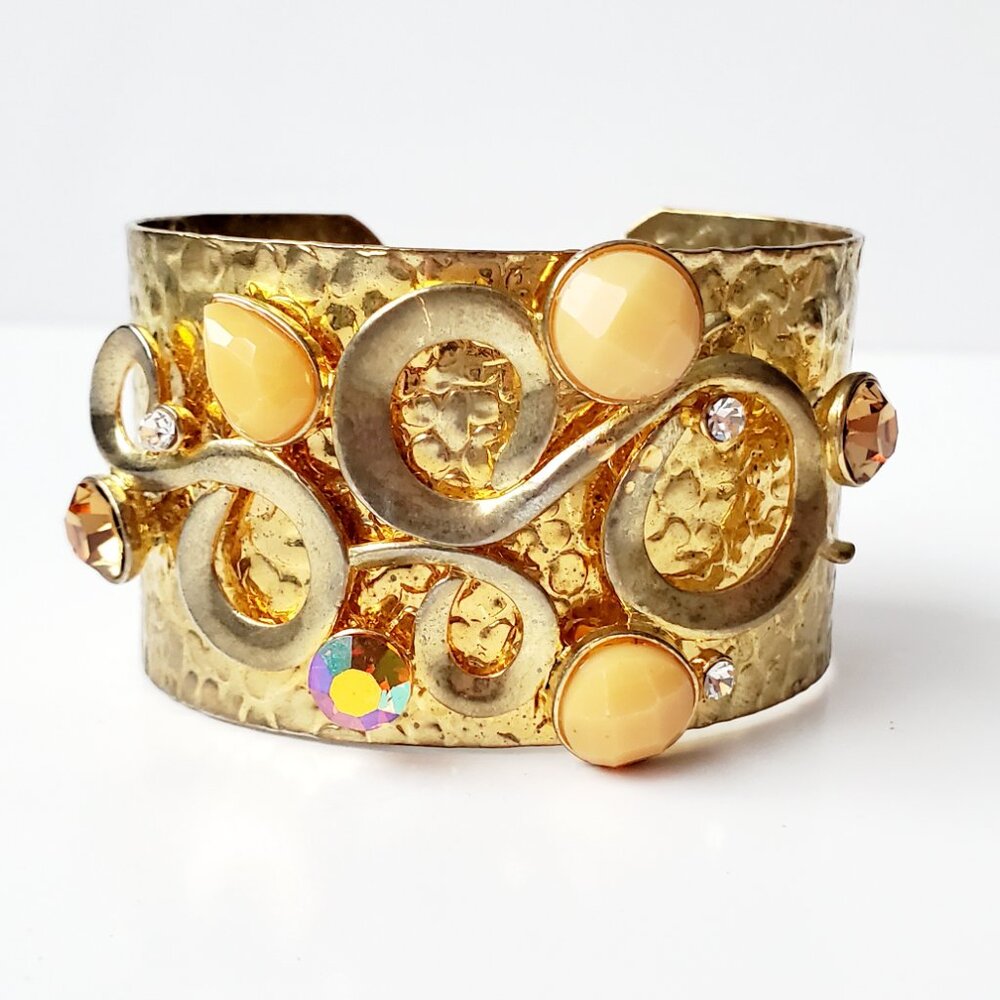Hammered Wide Cuff Bangle Bracelet Embellished Gold Tone